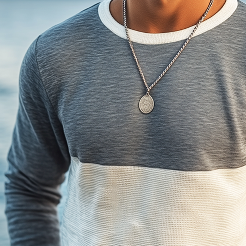 Men's Casual Colorblock Round Neck Textured Long-sleeved T-shirt MTA3058G8U