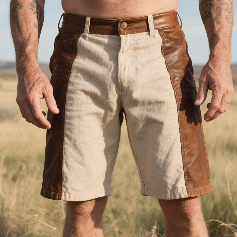 Men's Retro Western Cowboy Style Classic Ranch Leather Stitching Cotton Shorts MTA1363E2TO