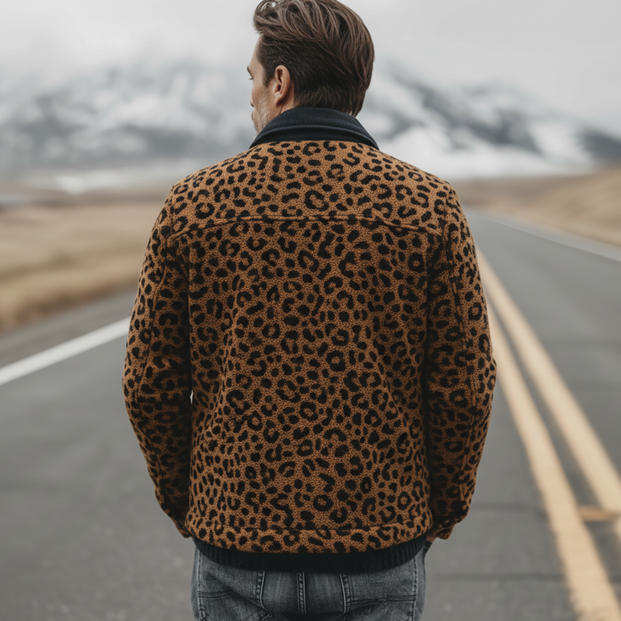 Men's Classic Casual Corduroy Collar And Flap Leopard Print Teddy Jacket MTA1714J6K