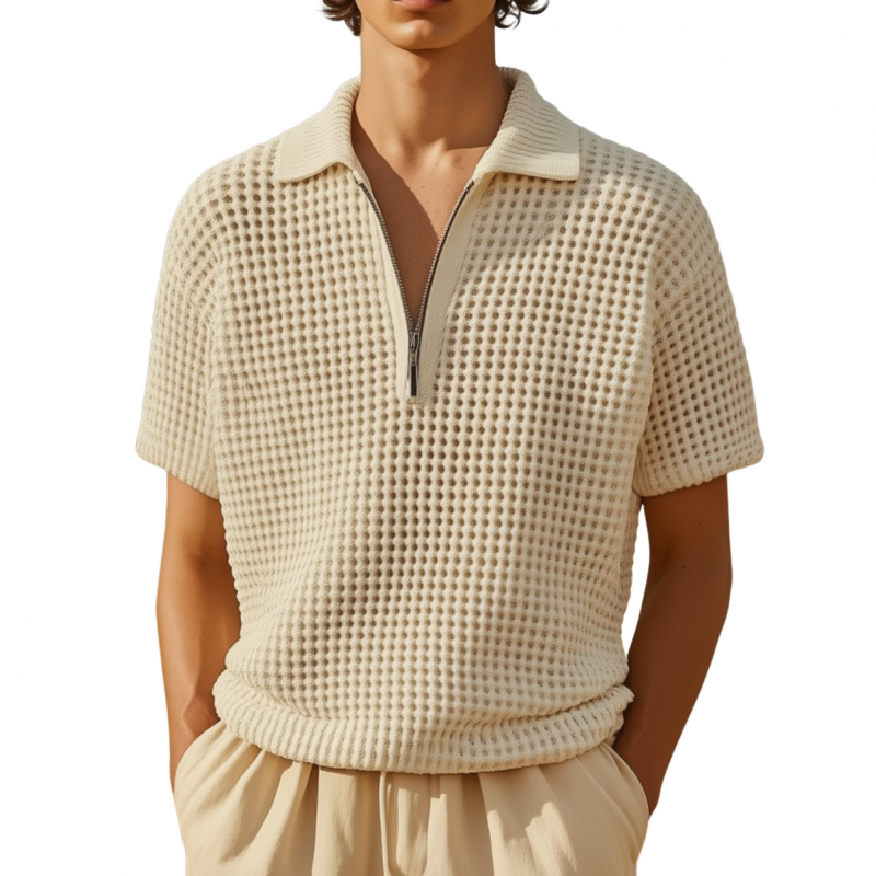 Men's Casual Solid Color Zipper Lapel Loose Hollow Knit Short Sleeve Polo Shirt MTA2074F4M