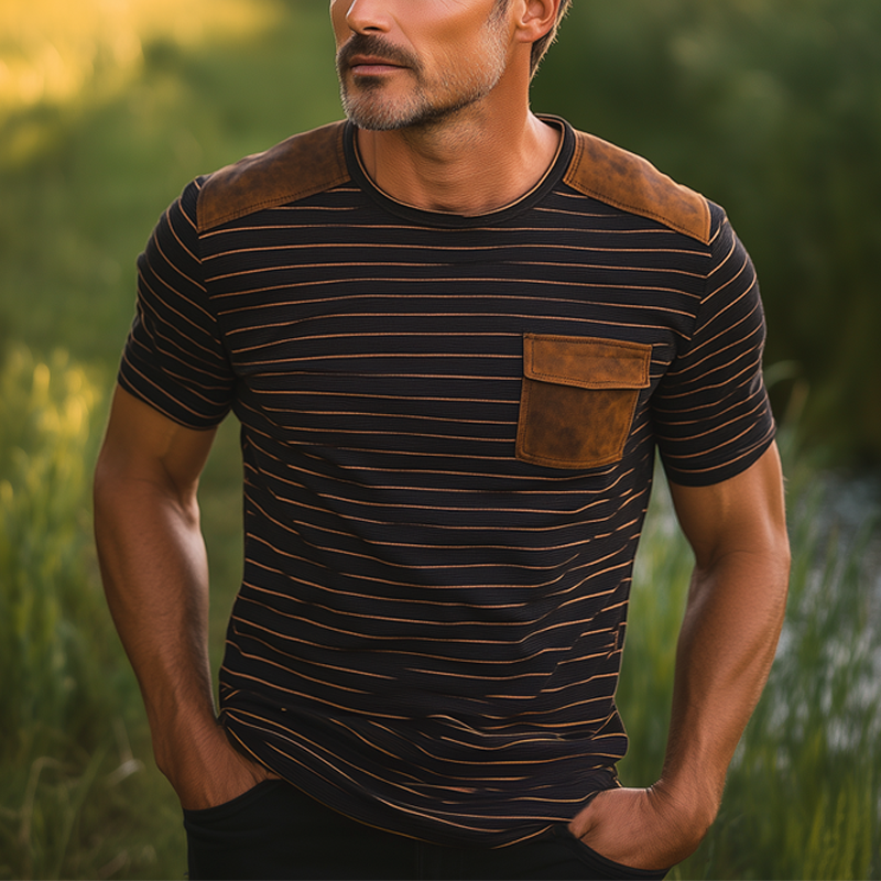 Men's Classic Striped PU Leather Crew Neck T-Shirt MTA2124F7U