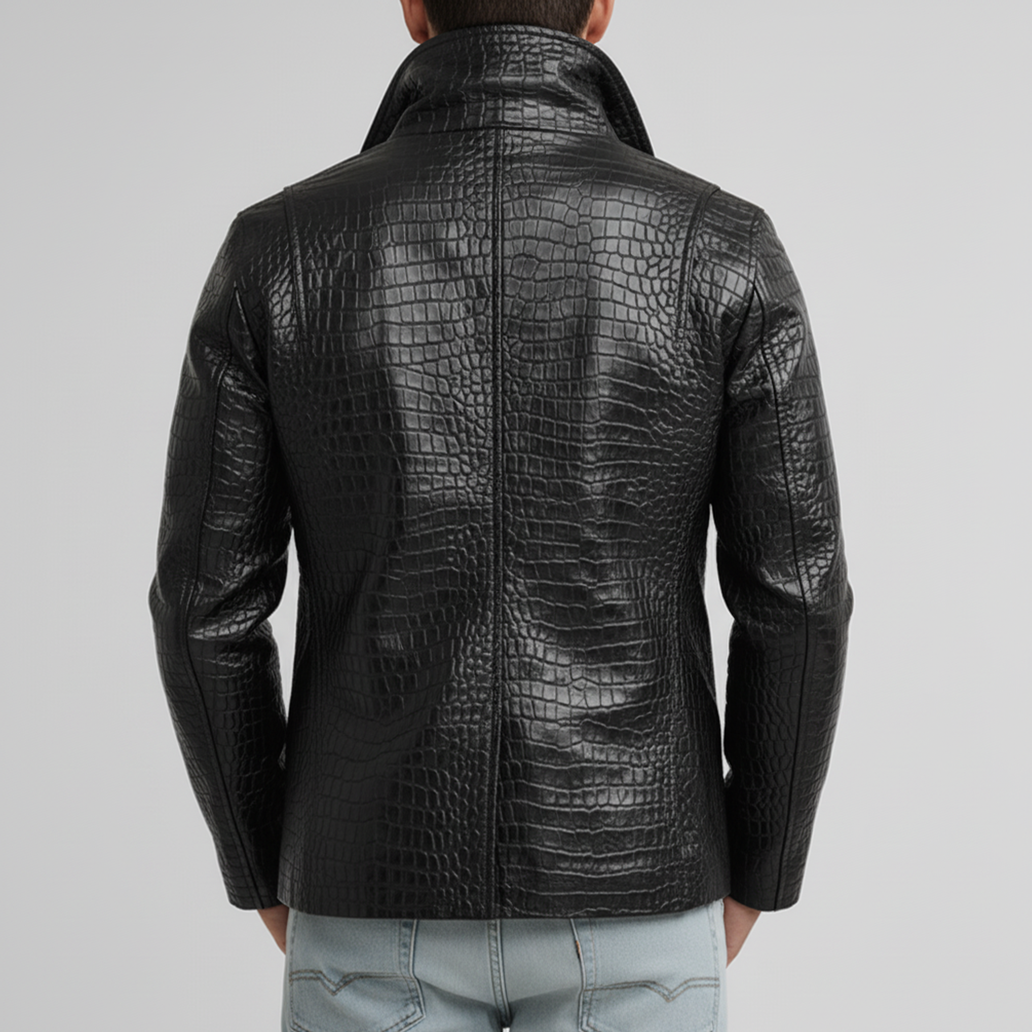 Men's Classic Casual Lapel Double-breasted Crocodile Leather Texture Pu Leather Jacket MTA1545J0K