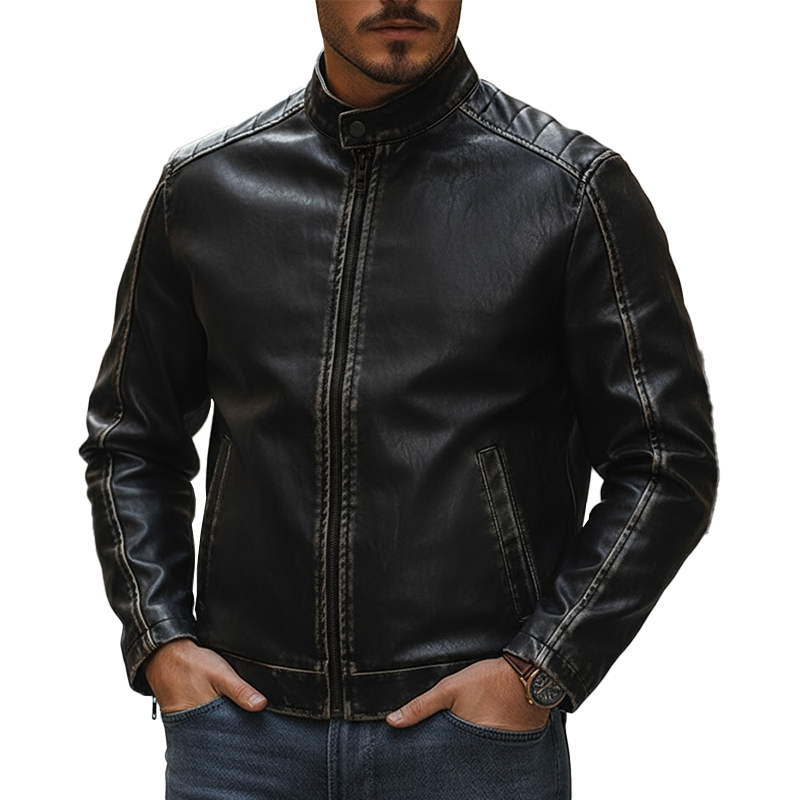 Men's Vintage Distressed PU Faux Leather Zip-up Jacket MTA2378L0P