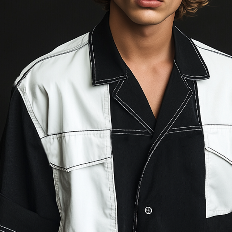 Men's Classic Black And White Colorblock Notch Lapel Short-Sleeved Shirt MTA2370F0U
