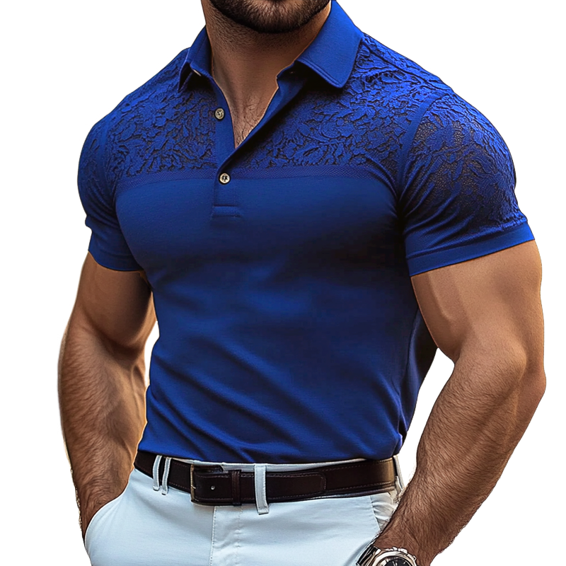 Men's Fashion Lace Stitching Lapel Short Sleeve Polo Shirt MTA1516E8Z