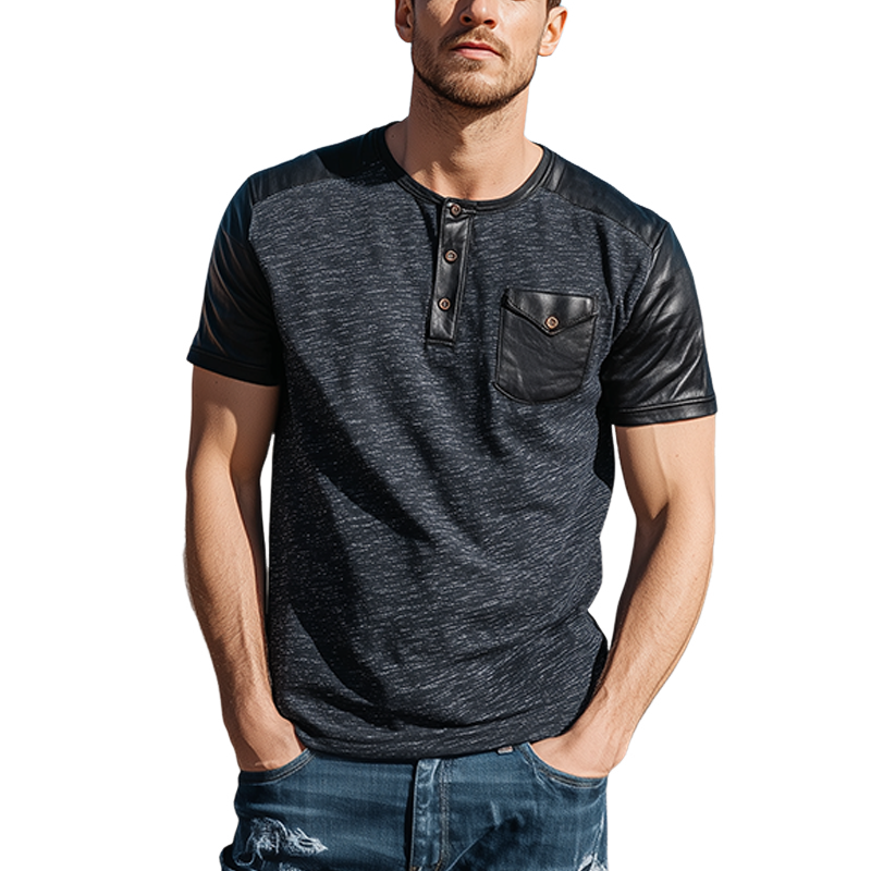 Men's Classic Casual Cotton Blend Splicing PU Leather Henley Collar Short Sleeve T-Shirt MTA0346G1K