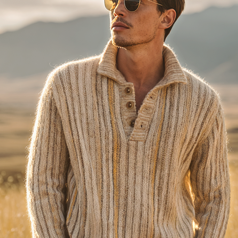 Men's Striped Knitted Lapel Long Sleeve Casual Sweater MTA0209I6Z