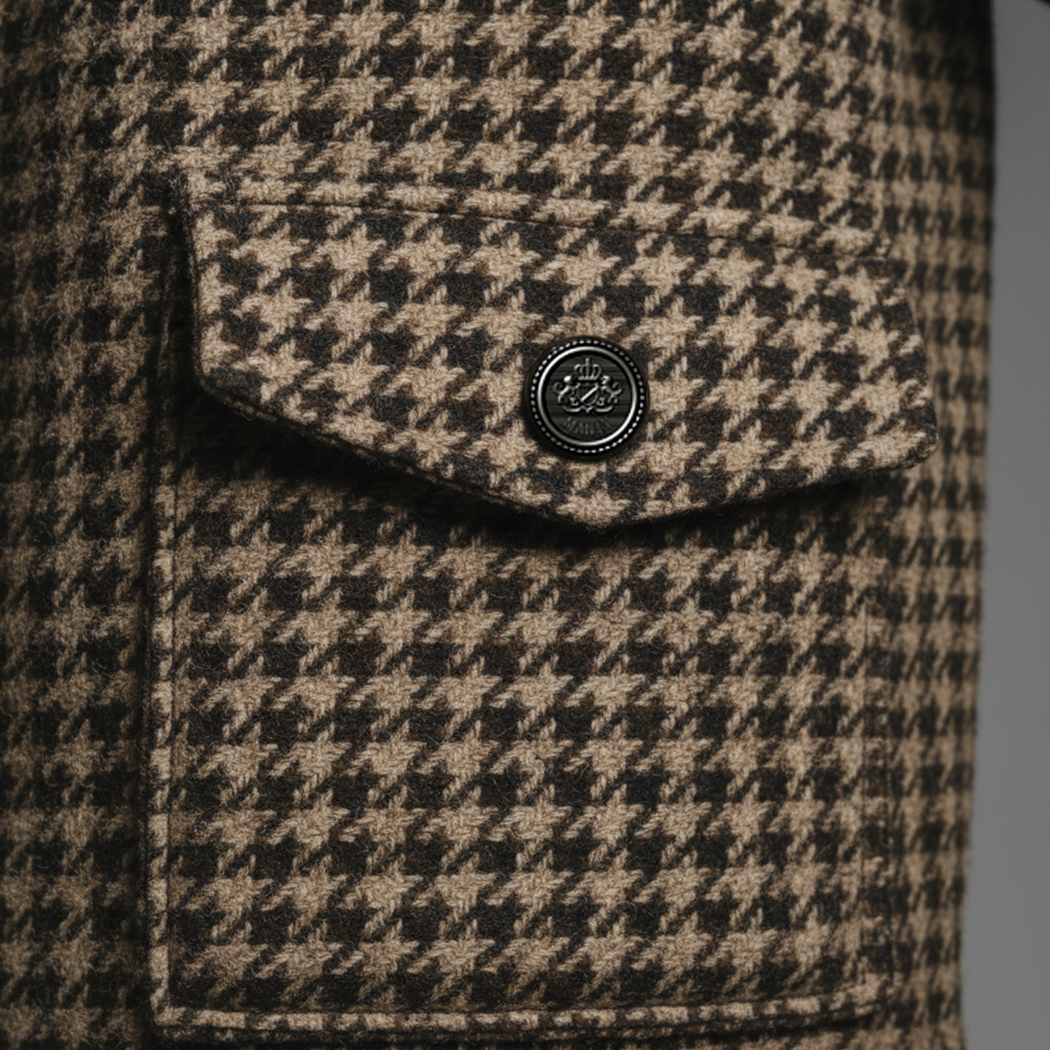Men's Classic Casual Stand Collar Faux Houndstooth Wool Multi-pocket Zipper Jacket MTA1347J4K