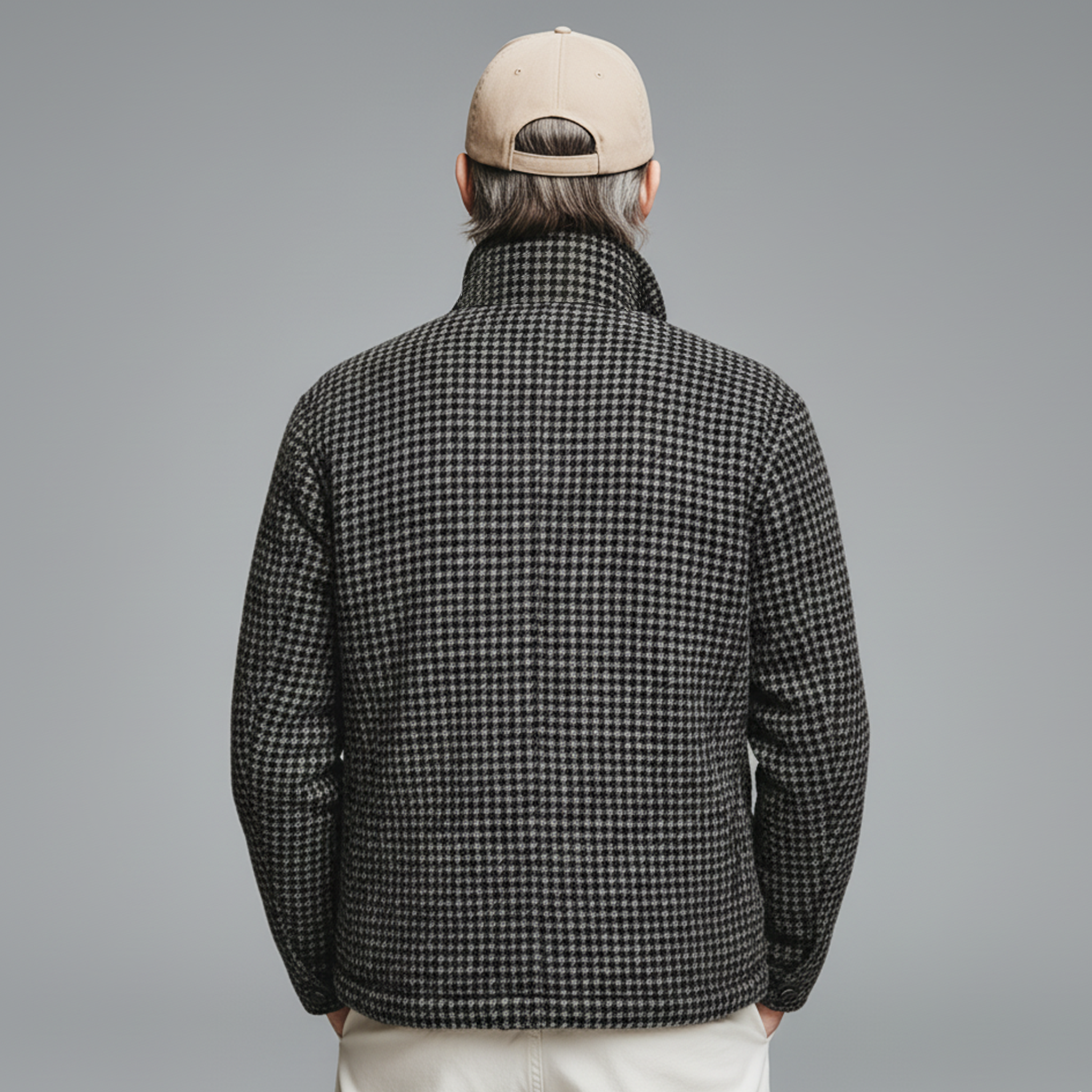 Men's Classic Casual Pocket Cotton Blend Stand Collar Faux Houndstooth Wool Jacket MTA1683J6K
