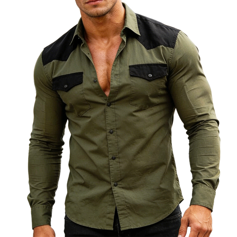 Men's Vintage Casual Cotton Color-blocked Lapel Workwear Long-sleeved Shirt MTZ0807A6TO