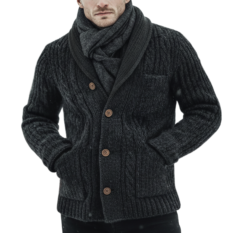 Men's Classic Thick Dark Gray Jacquard Knit Button-up Cardigan MTA2980K9U