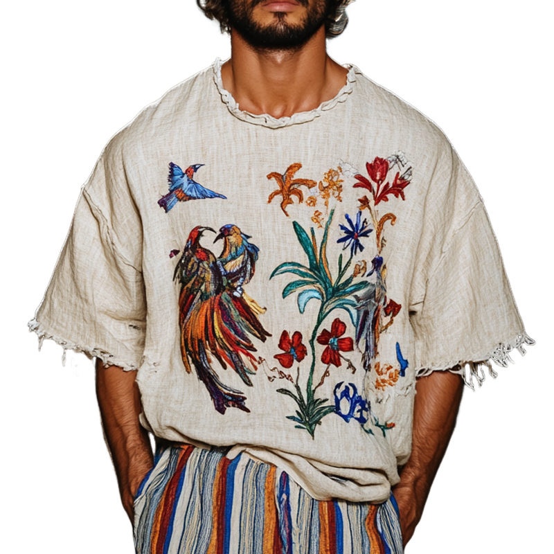 Men's Fashion Embroidered Round Neck Short Sleeve Cotton And Linen T-shirt MTA1478E7Z