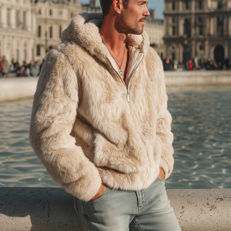 Men's Urban Beige Velvet-Soft Plush Faux Fur Hooded Jacket MTA0751K7U