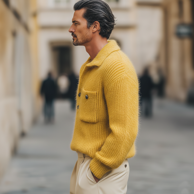 Men's Classic Elegant Mustard Yellow V-Neck Knit Sweater MTA1043L6U