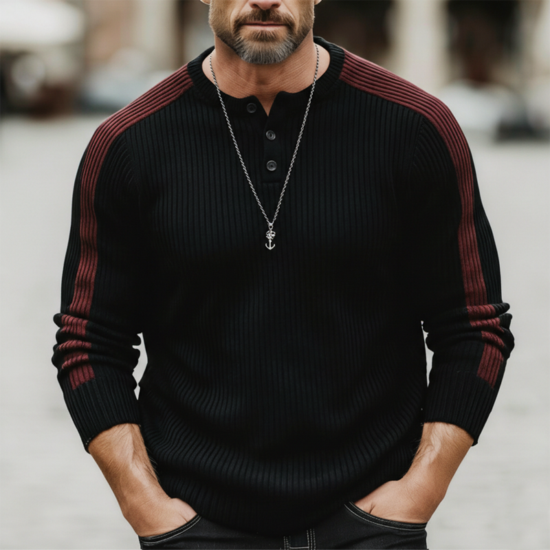 Men's Urban Three-Button Henley Collar Black And Red Knit Sweater MTZ1406A4U