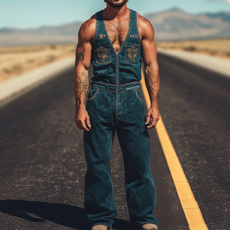 Men's Summer Fashion Retro Western Cowboy Style Denim Embroidery Jumpsuit MTA2880D2K