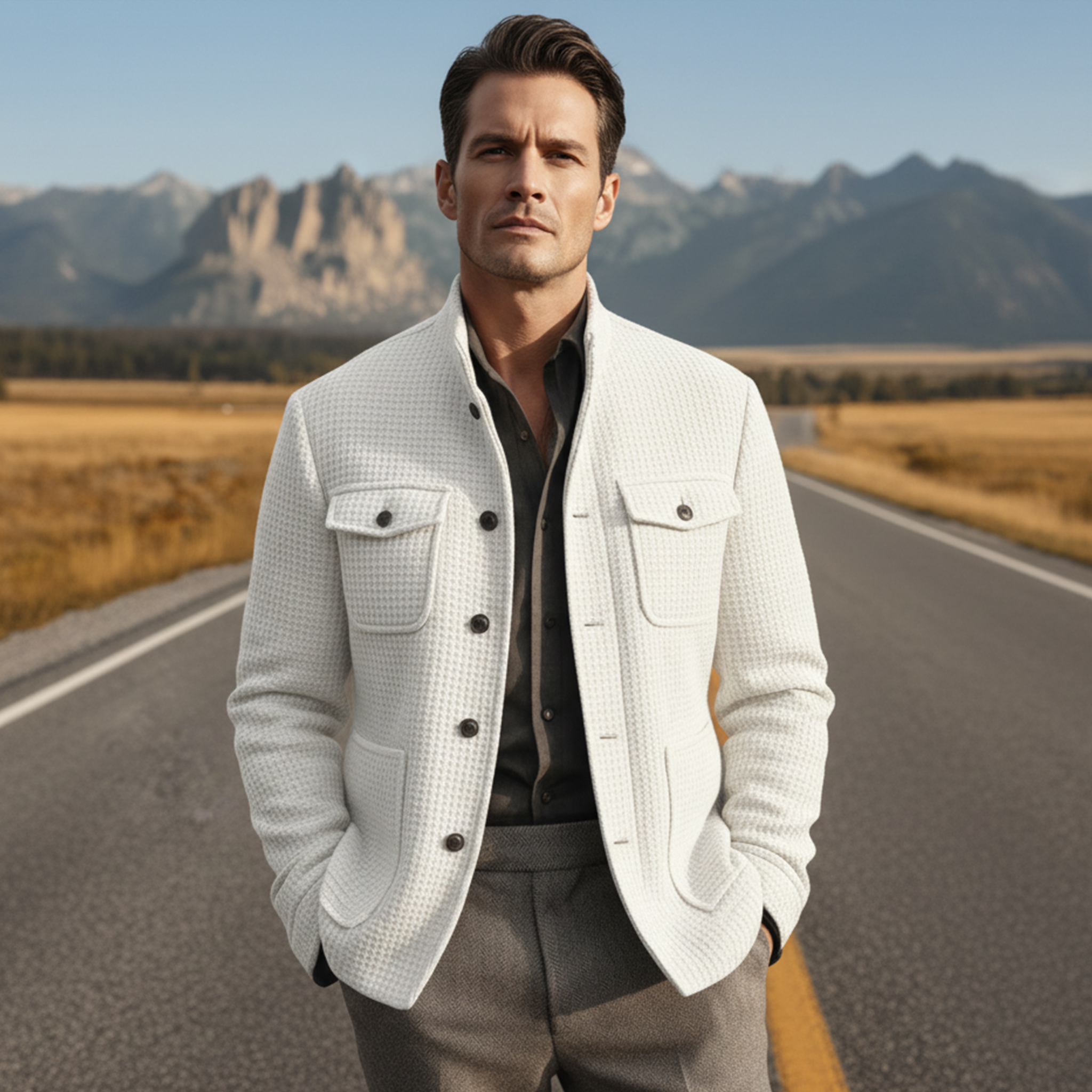 Men's Classic Retro Stand Collar Multi-pocket Waffle Jacket MTA2500J8K