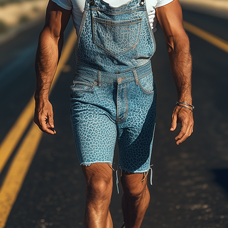 Men's Spring And Summer Fashion Personality Retro Western Cowboy Style Washed Denim Leopard Print Knee-length Overalls MTA1361E5K