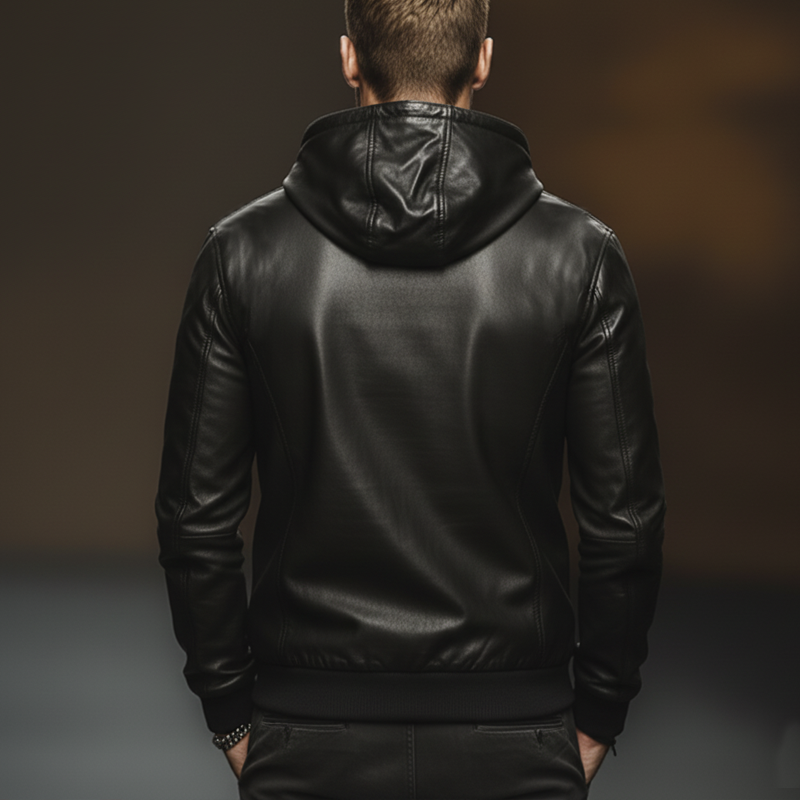 Men's Classic Quarter Zip Collar Black PU Leather Hoodie MTA2723J6U