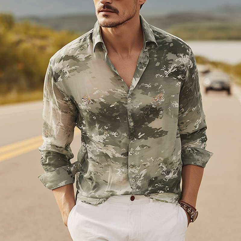 Men's Spring And Summer Fashion Casual Chiffon Slightly Transparent Sexy Art Print Long-sleeved Shirt MTA0787G4K