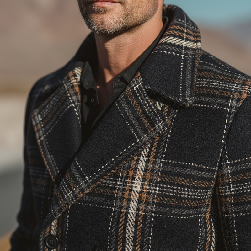 Men's Winter Fashion Plaid Faux Wool Double-breasted Short Lapel Coat MTA2556I7P