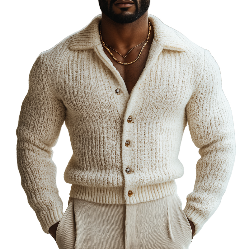 Men's Retro Beige Coarse Textured Slim Fit Knit Cardigan MTA0618K8U