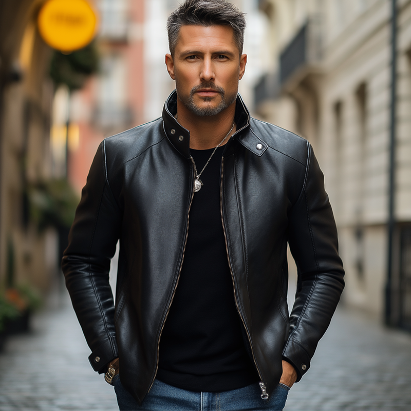 Men's Classic Black Zip-up Slim-fit PU Leather Jacket MTA0698K6U