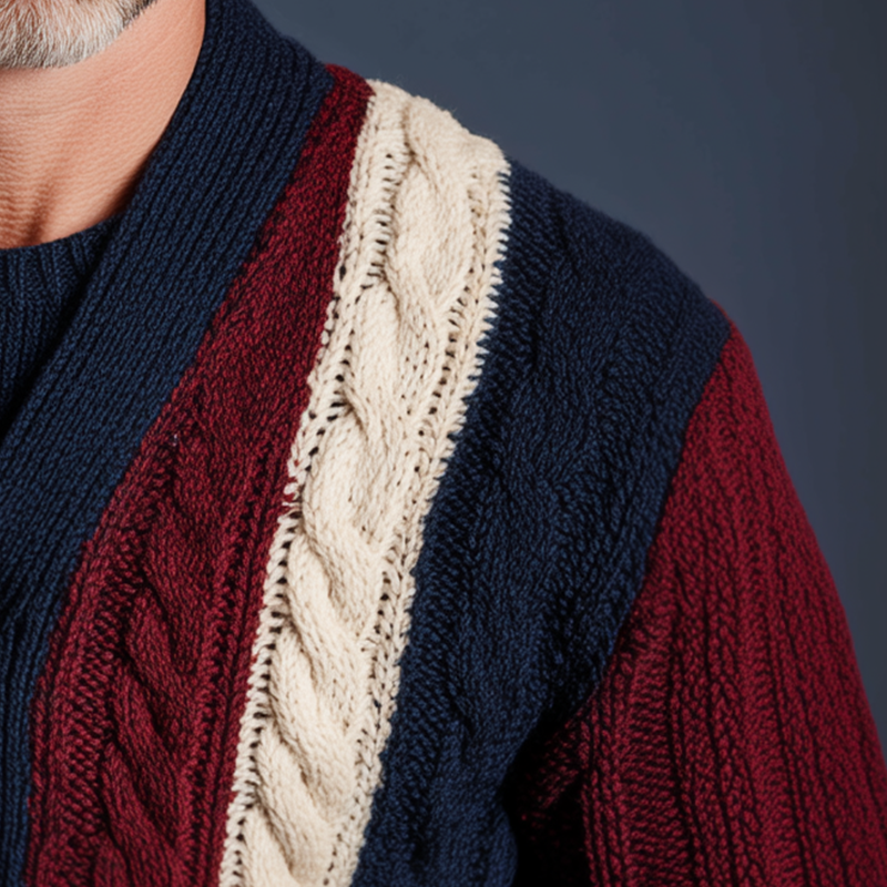 Men's Autumn And Winter Retro Color-Contrast Twist Pattern Knitted Cardigan MTA0894I8P