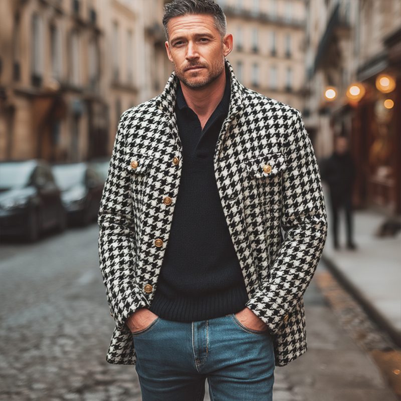 Men's Retro Classic Houndstooth Stand Collar Single Vent Faux Wool Jacket MTA3158J6U