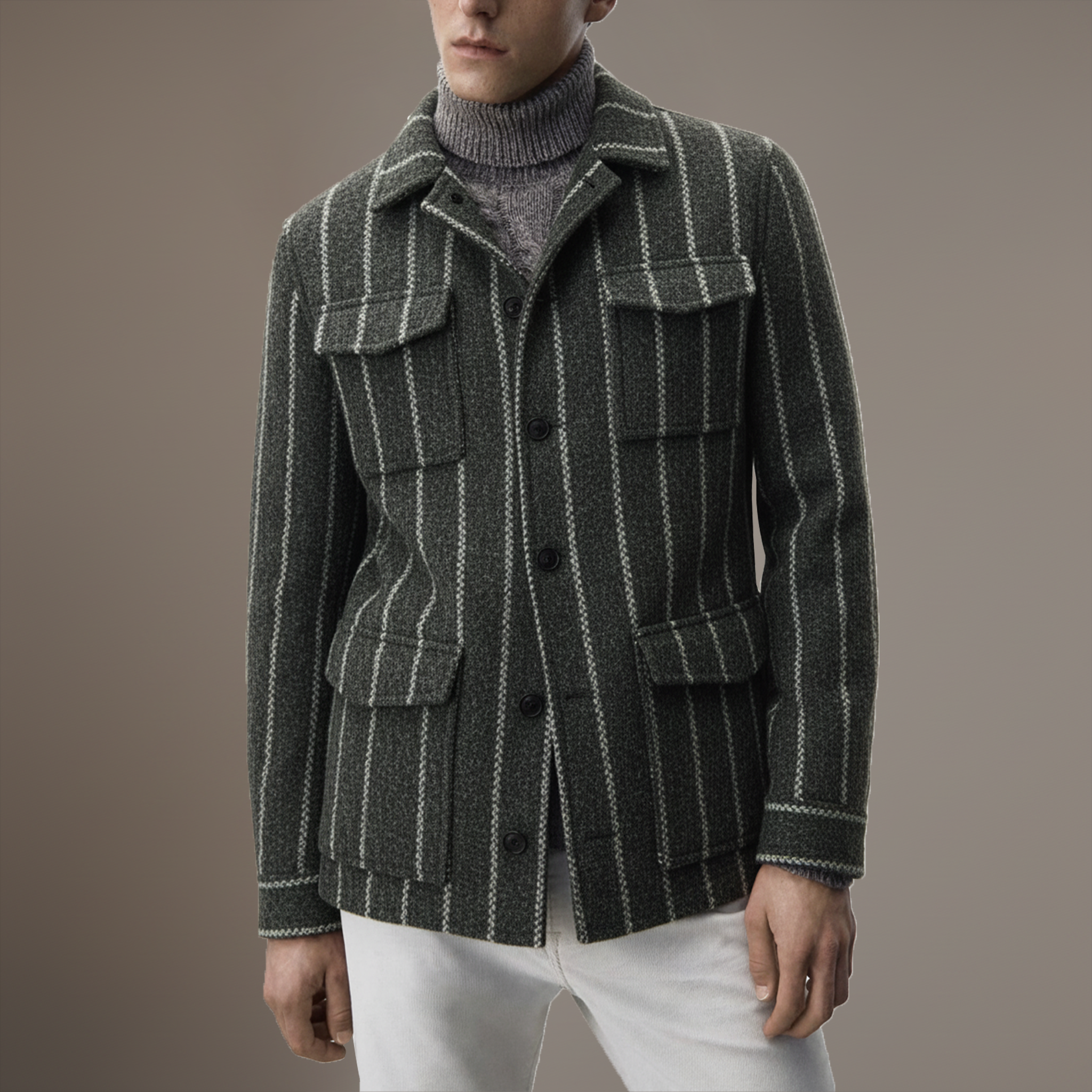 Men's Classic Retro Vertical Striped Faux Woolen Multi-pocket Jacket MTA2491I0K