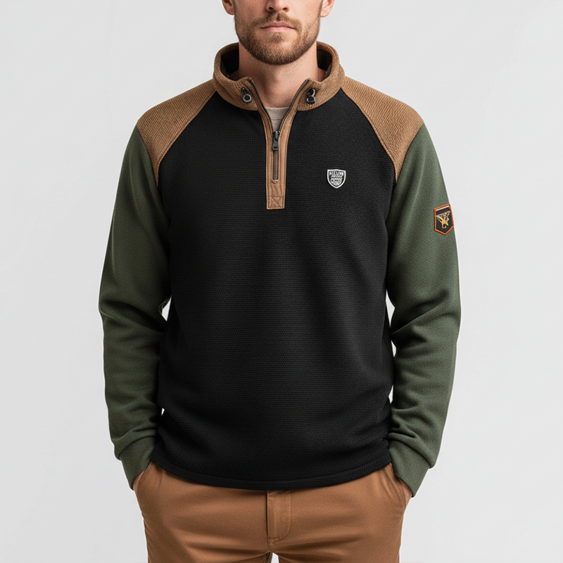 Men's Winter Retro Color Block Waffle Texture Half-Zip High Neck Sweatshirt MTA2726J6P