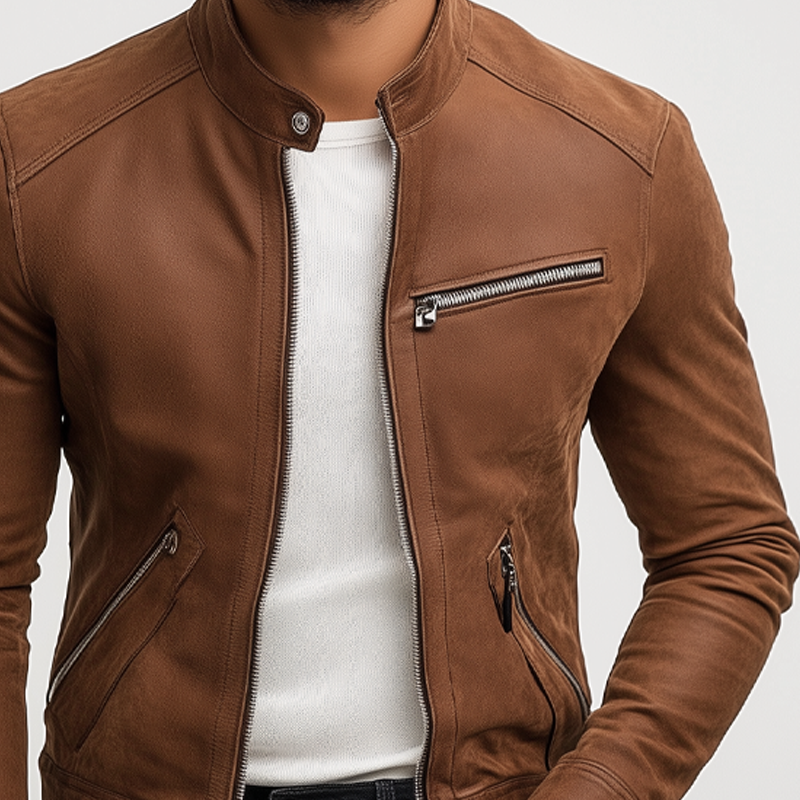 Men's Retro Stand Collar Zipper PU Jacket MTA2304I7X