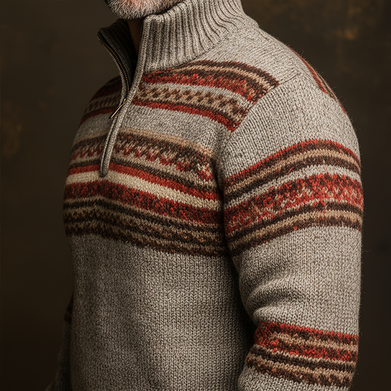 Men's Winter Retro Knitted Jacquard Cotton Yarn Half-Zip Sweater MTA2482K1P