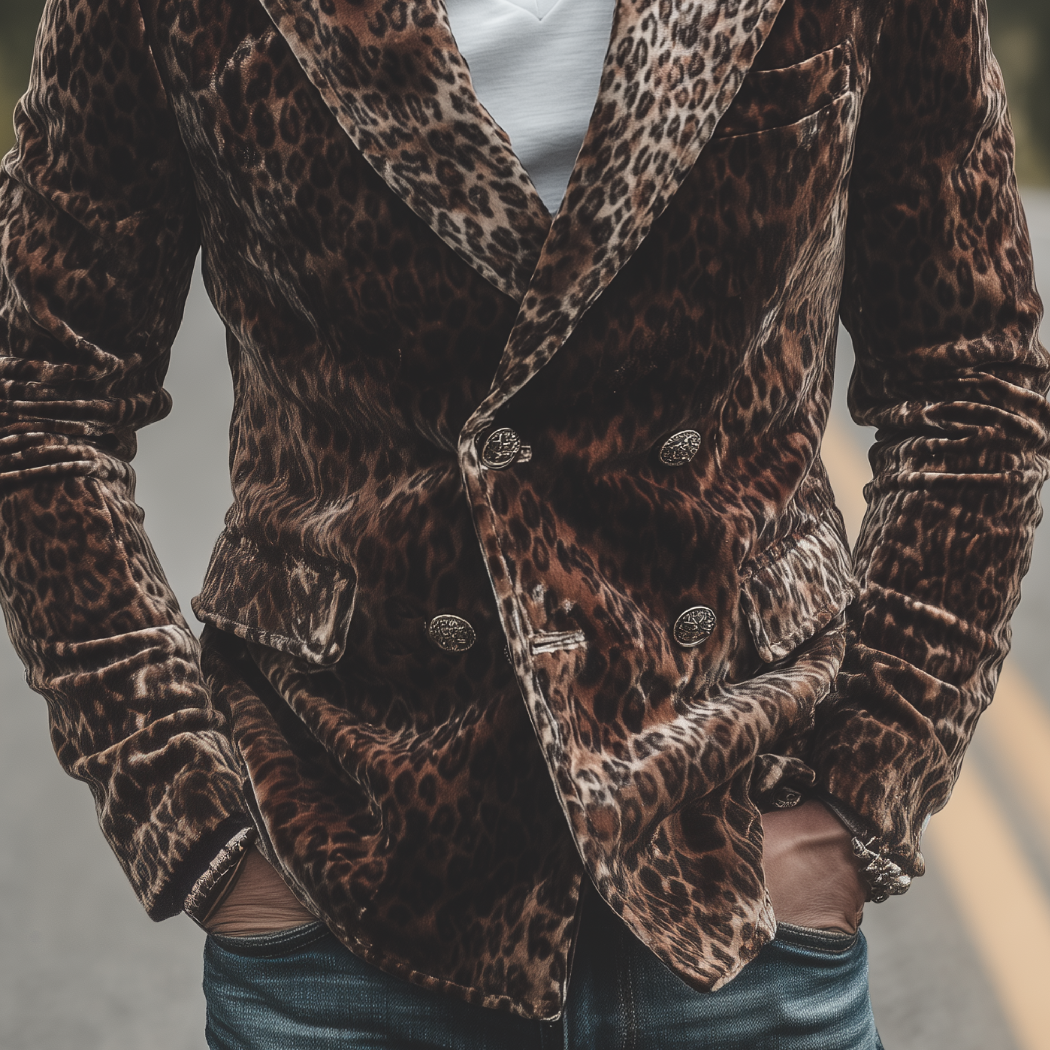 Men's Classic Retro Pu Leather Collar Double-breasted Velvet Leopard Print Blazer MTA0377I8K