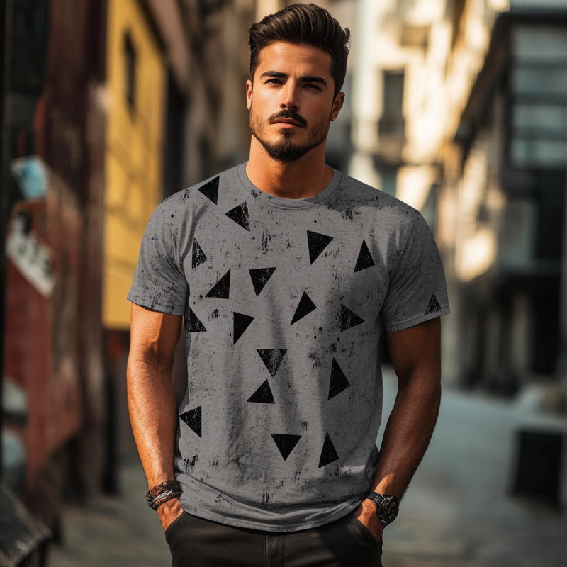 Men's Casual Distressed Triangle Printed Round Neck Slim Fit Short Sleeve T-Shirt MTA1539E2M