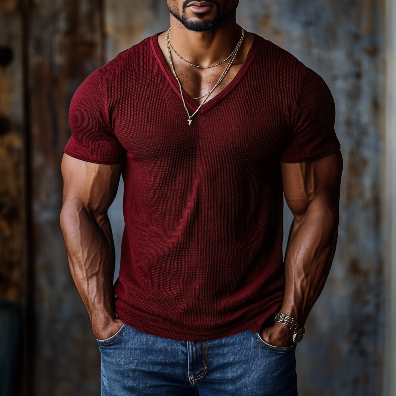 Men's Casual Sports Breathable Waffle V-neck Tight Short-sleeved T-shirt MTA1914G3M