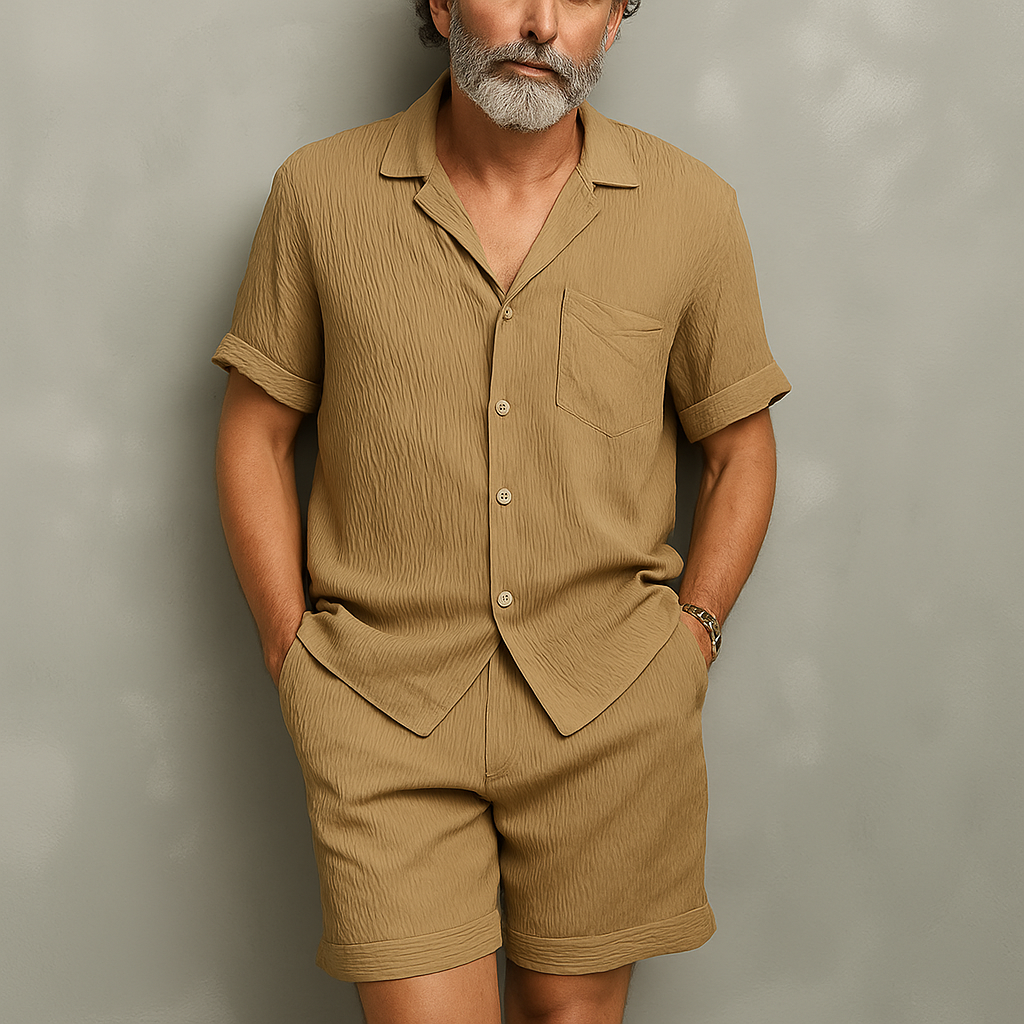 Herre sommermote ensfarget bølgetekstur polyester kortermet dress MTA0249G9P