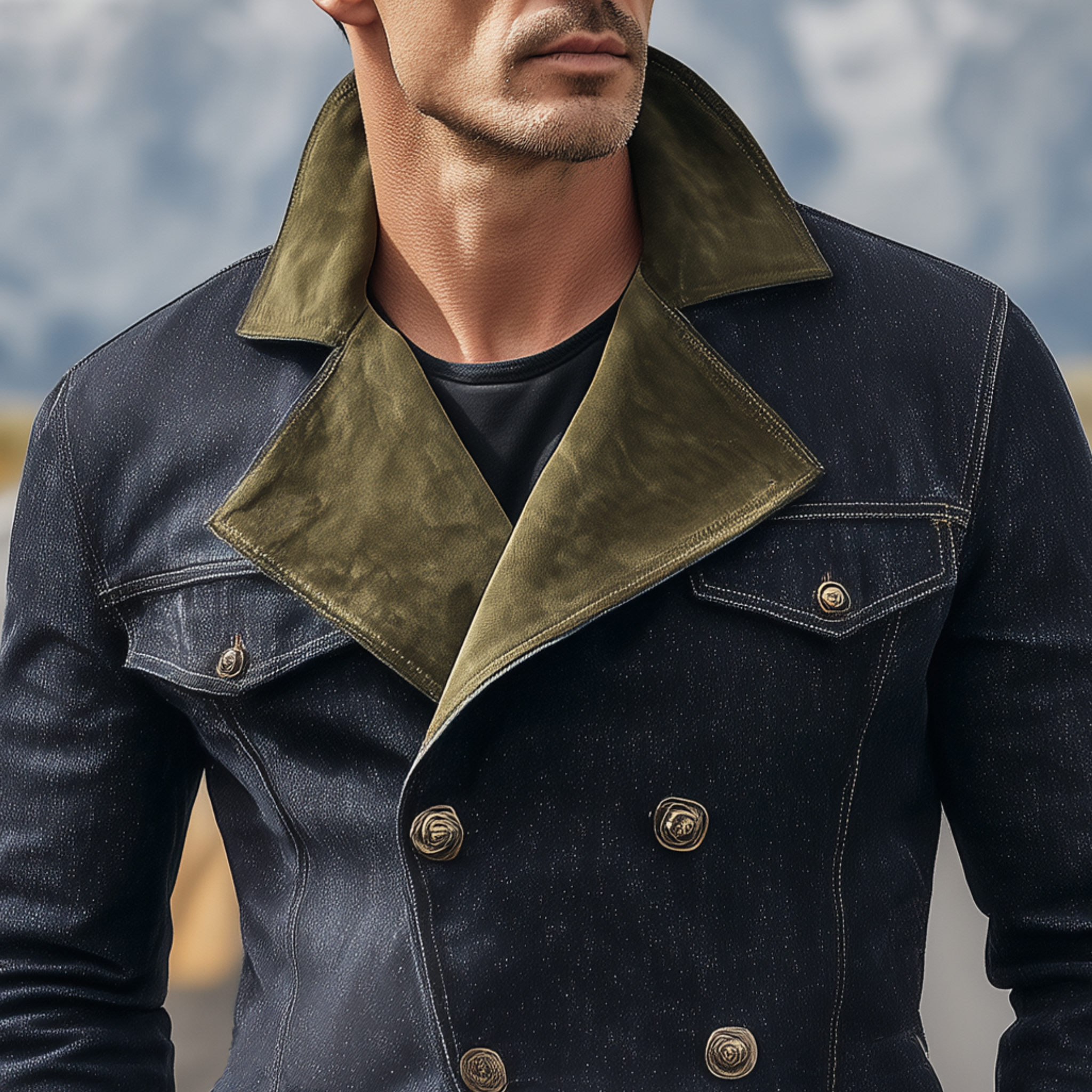 Men's Classic Western Vintage Suede Lapel Double Breasted Denim Jacket MTA0342I0K