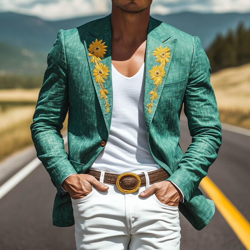 Men’s Spring and Summer Thin Fashion Casual American Retro Western Tough Style Cotton And Linen Texture Embroidery Slim Fit Single-breasted Blazer MTA1603F8K