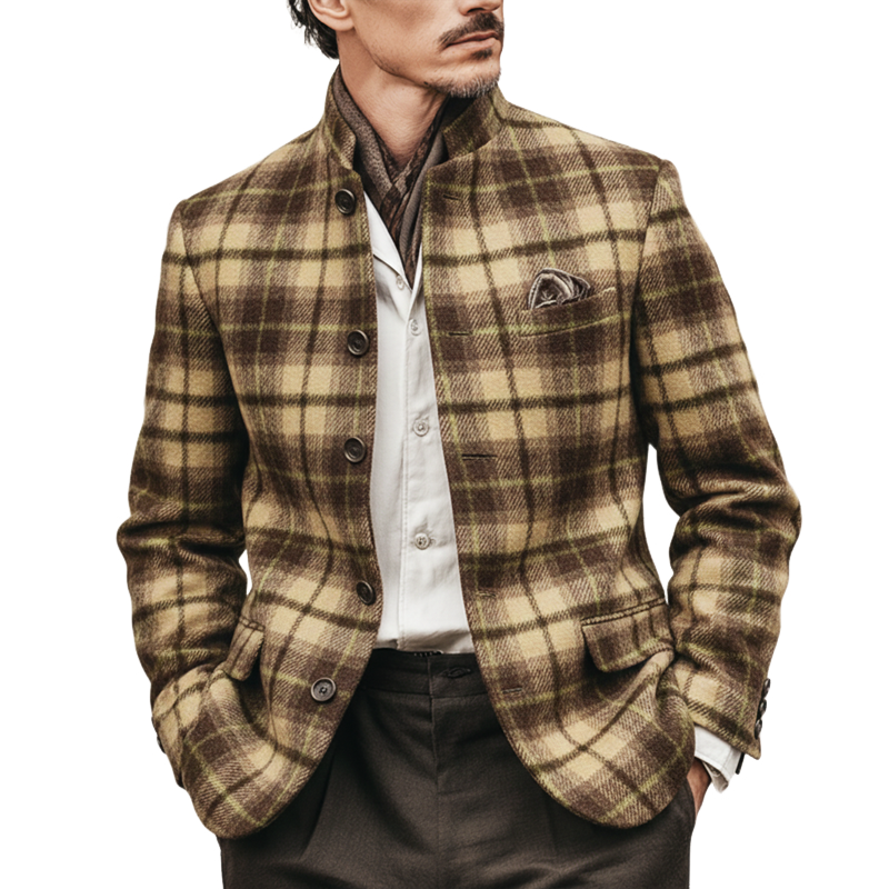 Men's Retro Plaid Stand Collar Double Slit Slim Fit Jacket MTA2296K8U