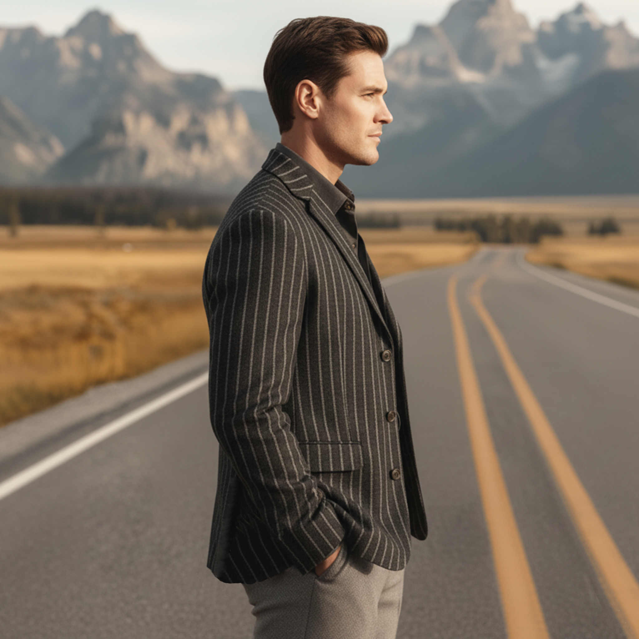 Men's Classic Retro Light Business Faux Vertical Striped Woolen Single-breasted Blazer MTA2568I8K