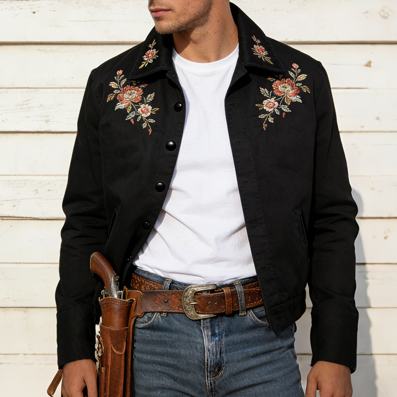 Men's Retro Casual Cotton Floral Embroidered Lapel Button Jacket MTA1192L7TO