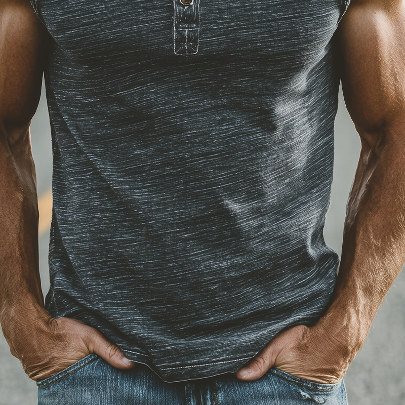 Men's Summer Casual Heathered Cotton Blend Henley Neck Raw Edge Tank Top MTA0298G6K