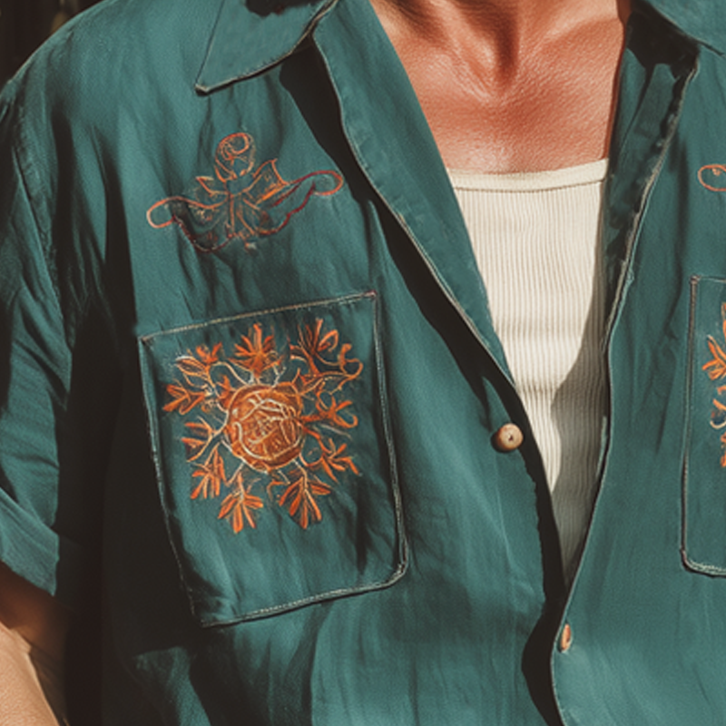 Men's Summer Retro Contrast Embroidery Short Sleeve Shirt MTA1707F3U