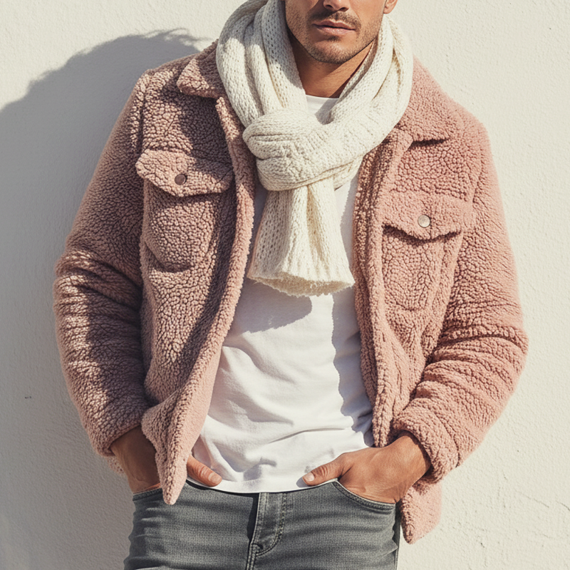 Men's Urban Winter Pink Warm Fleece Button-up Jacket MTA2480K8U