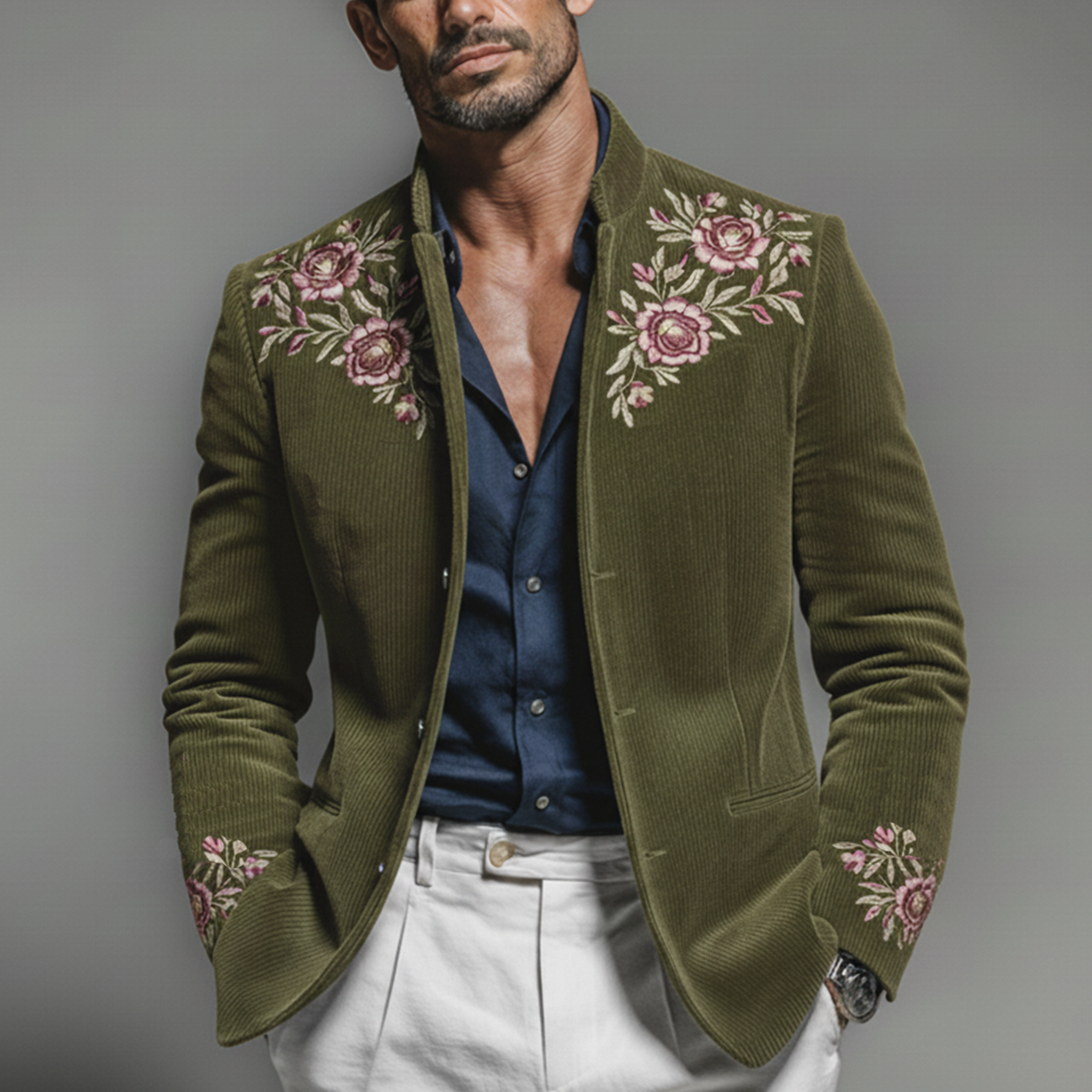 Men's Classic Retro Embroidered Corduroy Stand Collar Jacket MTA2971K4K