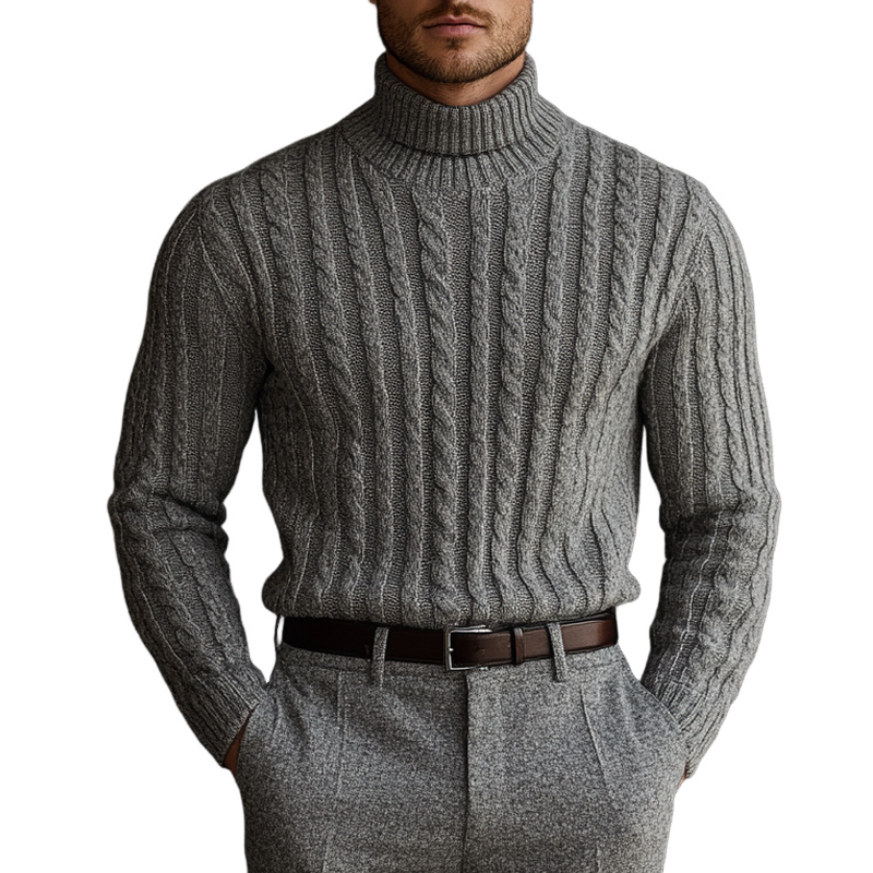 Men's Solid Color Textured Cable Knit Turtleneck Sweater MTA0748K5X