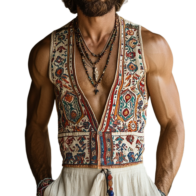 Men's Retro Casual Ethnic Style Geometric Print Linen Collarless Vest MTA0644E1TO