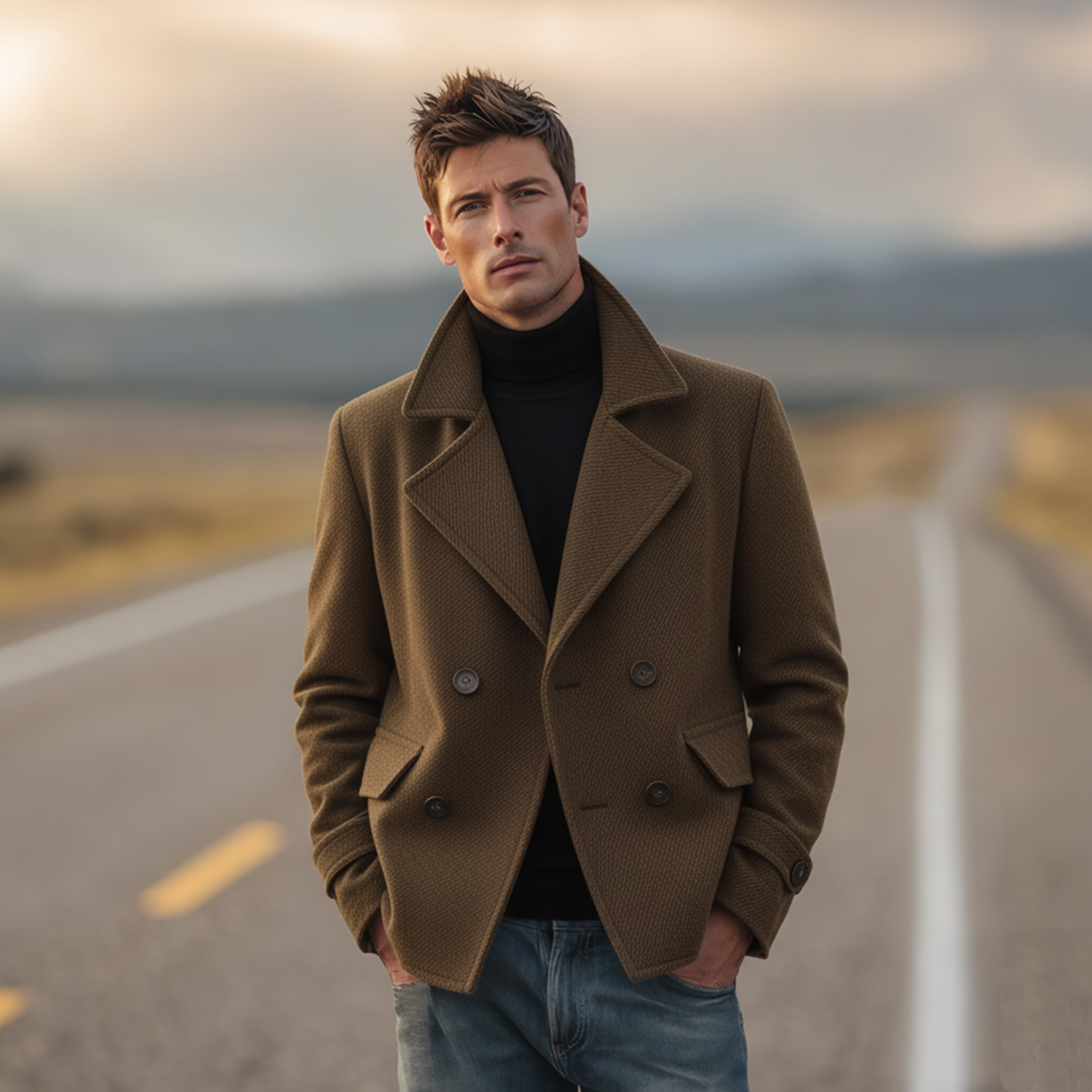 Men's Classic Retro Lapel Double-breasted Faux Twill Jacket MTA3188J6K