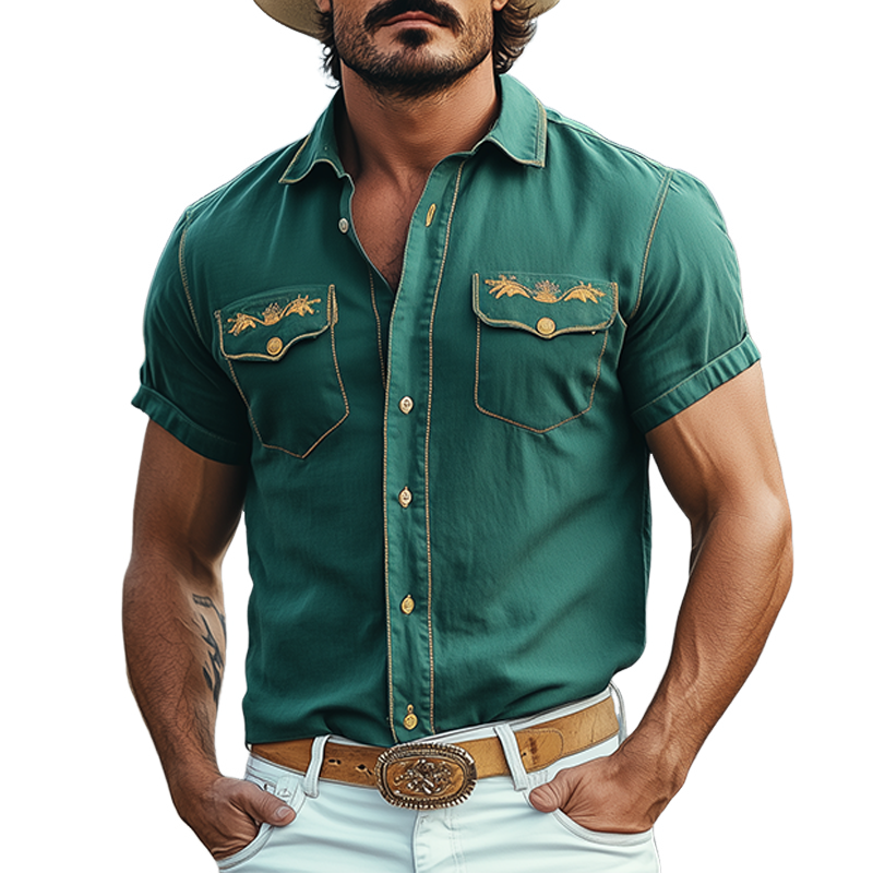 Men's Casual American Western Tough Style Cotton Blend Embroidered Slim Short Sleeve Shirt MTA1639F7K